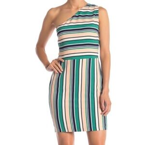 J.O.A. One Shoulder Ringed Pink & Green Candy Stripe Mini Dress Size Medium